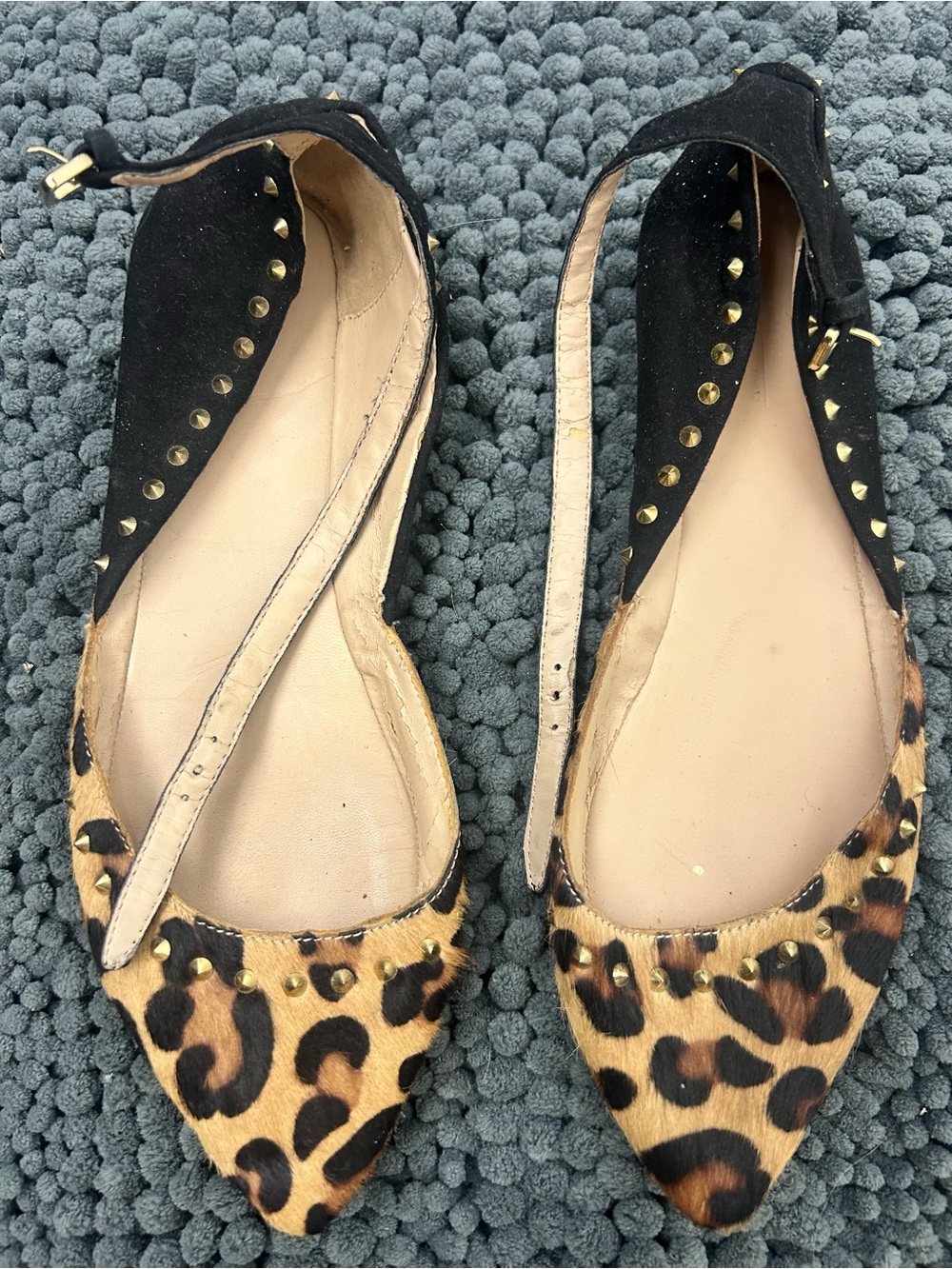 Zara Leopard Print Pointed Toe Slingback Flats with Gold Studs - Black/Leopard